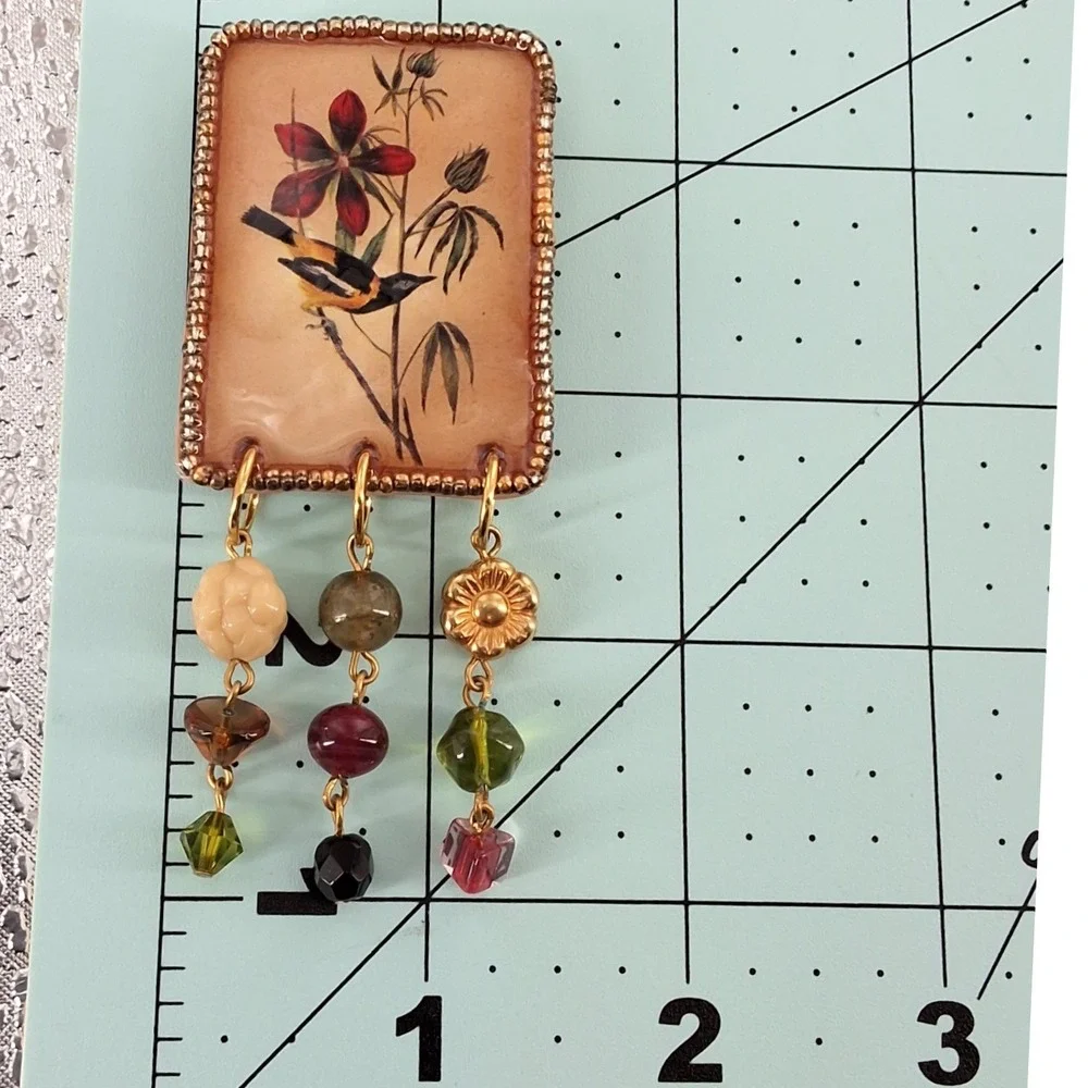 Vtg‎ Katy Stidley Let It Bead Artisan Bird Flower Beaded Dangle Brooch Pin 90s